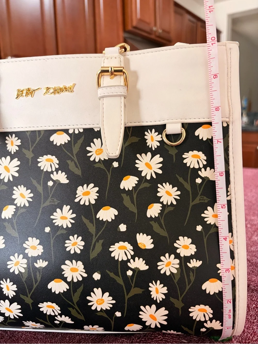 Betsey Johnson Black Tote with Cream Trim & White Daisy Print - Picture 2 of 11